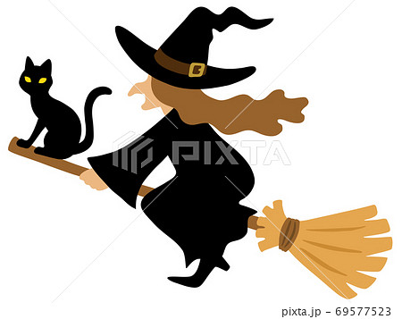 ほうきで空を飛ぶ魔女と黒猫のイラストのイラスト素材