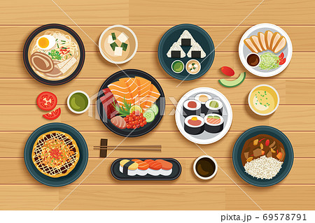 japanese food on top view wooden background. 69578791