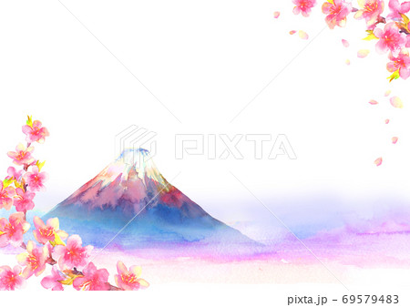 水彩で手描きした富士山と桜の背景イラスト 69579483