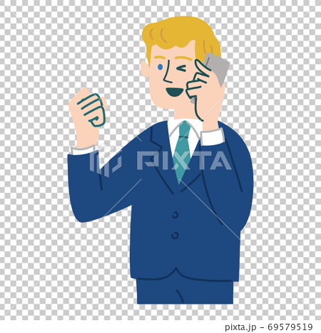 スーツ 男性 外国人 ブロンド 携帯電話 スマホ ガッツポーズのイラスト素材