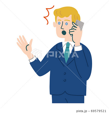スーツ　男性　外国人　ブロンド　携帯電話　スマホ　驚いている 69579521