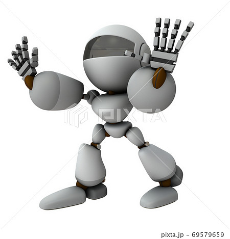 両手を突き出して拒絶する人工知能のロボット。3Dレンダリング。 69579659