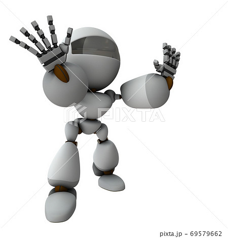 両手を突き出して拒絶する人工知能のロボット。3Dレンダリング。 69579662