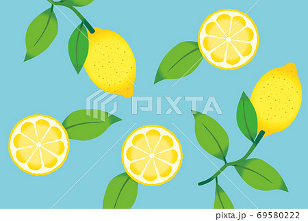 レモン柄 水彩風 ブルー背景のイラスト素材