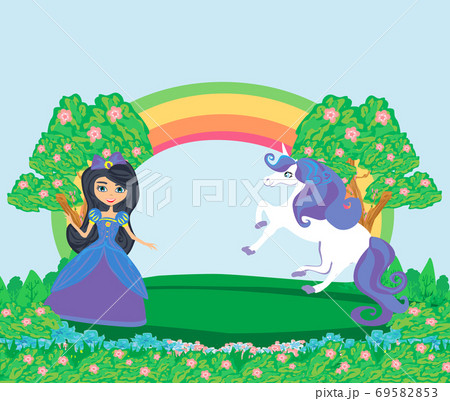 Card with a cute unicorn, rainbow and sweet princess 69582853