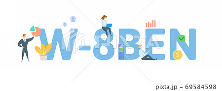 W-8BEN, tax form. Concept with keywords, people and icons. Flat vector illustration. Isolated on white. 69584598