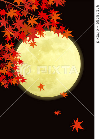 紅葉と満月の風景イラストのイラスト素材