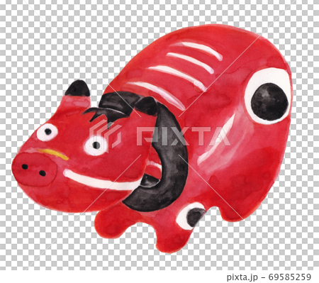 水彩で手描きしたかわいい「赤べこ」　日本の福島県民芸品　年賀状に最適　左向き　牛のイラスト 69585259