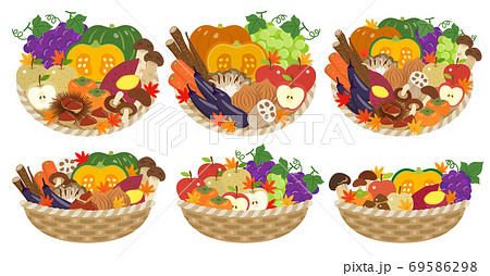 秋の野菜と果物 カゴ盛りのイラスト素材