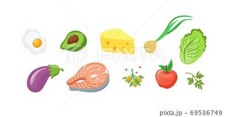 Appetizing food ingredients set. Fried salmon steak piece of yellow cream cheese fresh green onion. Appetizing food ingredients set. Fried salmon steak piece of yellow cream cheese fresh green onion. 69586749