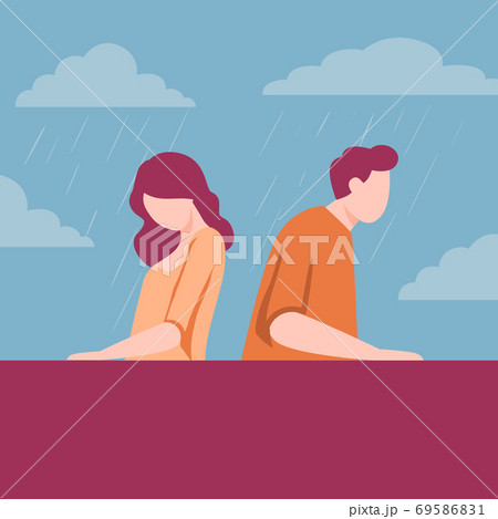 Break up between man and woman illustration. Girl guy characters sadly sit back to each other. Break up between man and woman illustration. Girl guy characters sadly sit back to each other. 69586831