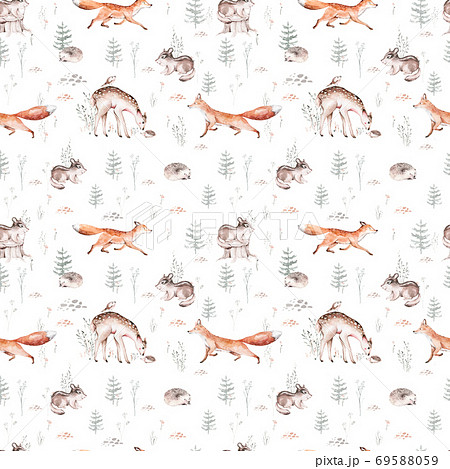Watercolor Woodland animal Scandinavian seamless pattern. Fabric wallpaper background with Owl, hedgehog, fox and butterfly, rabbit forest squirrel and chipmunk, bear and bird baby animal, Watercolor Woodland animal Scandinavian seamless pattern. Fabric wallpaper background with Owl, hedgehog, fox and butterfly, rabbit forest squirrel and chipmunk, bear and bird baby animal, 69588059