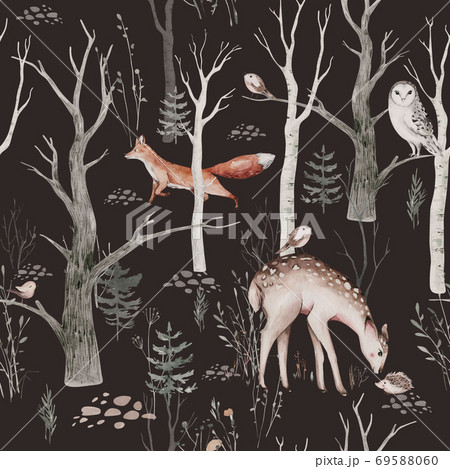 Watercolor Woodland animal Scandinavian seamless pattern. Fabric wallpaper background with Owl, hedgehog, fox and butterfly, rabbit forest squirrel and chipmunk, bear and bird baby animal, Watercolor Woodland animal Scandinavian seamless pattern. Fabric wallpaper background with Owl, hedgehog, fox and butterfly, rabbit forest squirrel and chipmunk, bear and bird baby animal, 69588060