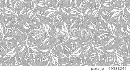 Floral seamless pattern with leaves and berries in grayscale. Hand drawing. Floral seamless pattern with leaves and berries in grayscale. Hand drawing. 69588245