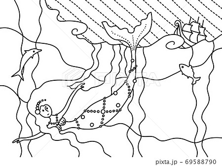 嵐の海で船を見つける人魚姫 線画 嵐の海で船を見つける人魚姫 線画 69588790