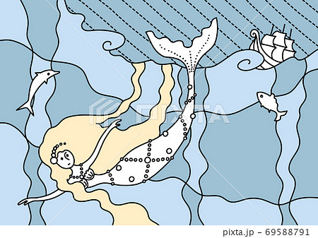 嵐の海で船を見つける人魚姫　カラー 69588791