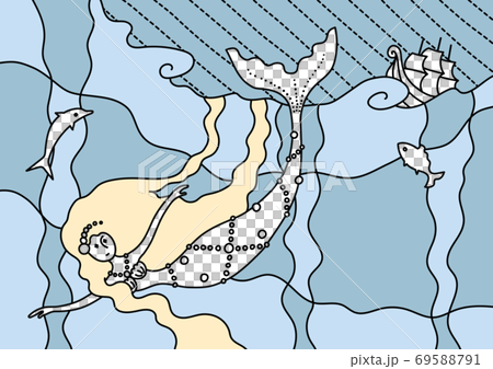 嵐の海で船を見つける人魚姫　カラー 69588791
