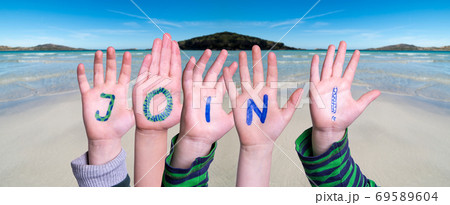 Children Hands Building Word Join, Ocean Background 69589604