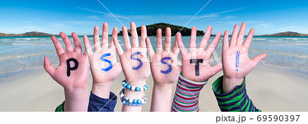 Children Hands Building Word PSSST, Ocean Background 69590397