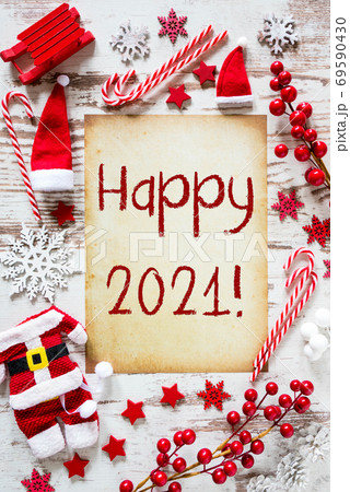 Bright Christmas Flat Lay, English Text Happy 2021 69590430