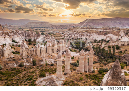 Rocky landscape in Cappadocia at sunset, Turkey. 69590517