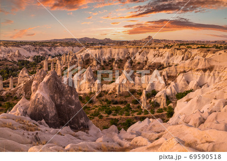 Rocky landscape in Cappadocia at sunset, Turkey. 69590518