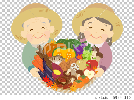 秋野菜と果物を持つ、麦わら帽子の老夫婦 69591310