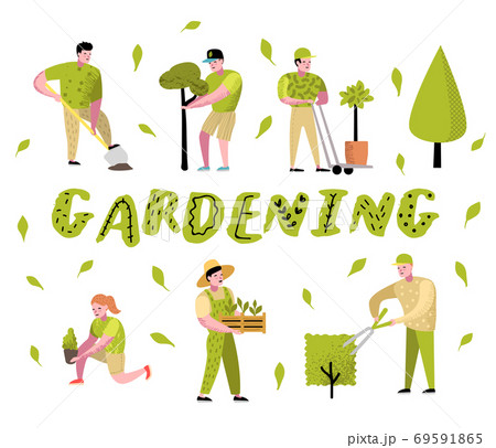 Gardening Cartoons Characters with Plants and Tree Gardening Cartoons Characters with Plants and Tree 69591865