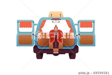 Woman in back of motorhome camping van isolated Woman in back of motorhome camping van isolated 69594581