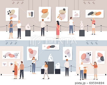 People in museum. Visitors in art gallery looking exposition artwork, paintings and sculptures, tourists in cultural center vector concept 69594894