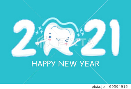 New year teeth. Happy holiday 2021 year banner with funny healthy white tooth, childrens dentistry, oral hygiene care dental vector concept 69594916