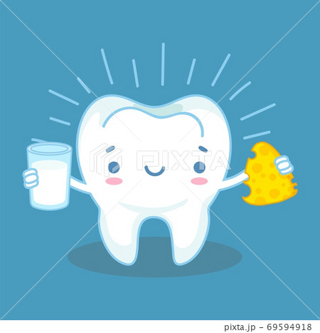 Teeth and calcium. Healthy tooth and milk products with high calcium, friendly cheese and milk, preventative habit, dental vector concept 69594918