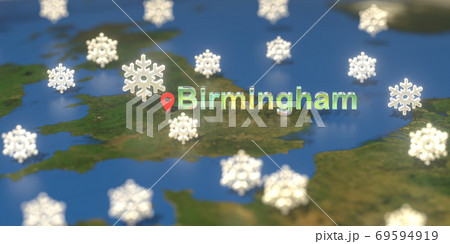 Snowy weather icons near Birmingham city on the map, weather forecast related 3D rendering 69594919