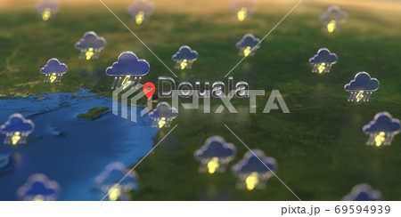 Stormy weather icons near Douala city on the map, weather forecast related 3D rendering 69594939