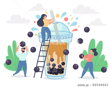 Bubble tea. Happy small people characters and pearl milk tea in big cups, delicious taiwanese milkshake asian drink with tapioca balls, vector concept Bubble tea. Happy small people characters and pearl milk tea in big cups, delicious taiwanese milkshake asian drink with tapioca balls, vector concept 69594942