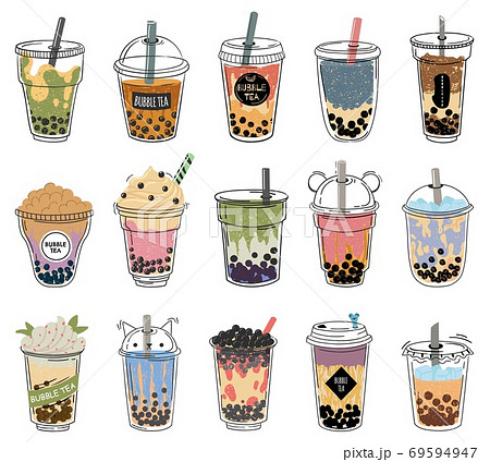 Bubble tea. Popular taiwanese pearl milk tea with balls, bubble asian tea, soft drinks in plastic cups trendy dessert colorful vector collection 69594947