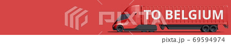 TO BELGIUM text on the side of the red truck. 3d rendering TO BELGIUM text on the side of the red truck. 3d rendering 69594974