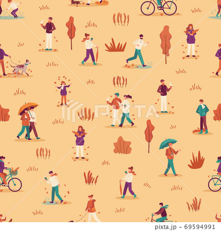 Autumn people seamless pattern. Men, women and child enjoying fall season, walk with umbrella and pets in park, ride bike vector background 69594991