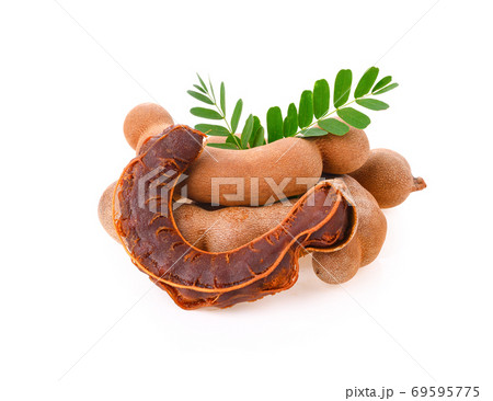Fresh tamarind fruits with leaves on white background Fresh tamarind fruits with leaves on white background 69595775