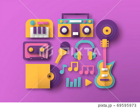 Colorful music instrument paper cut icon set 69595973