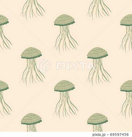 Pastel seamless aqua pattern with jellyfish doodle silhouettes. Stylized underwater animals in pale tones. Pastel seamless aqua pattern with jellyfish doodle silhouettes. Stylized underwater animals in pale tones. 69597456