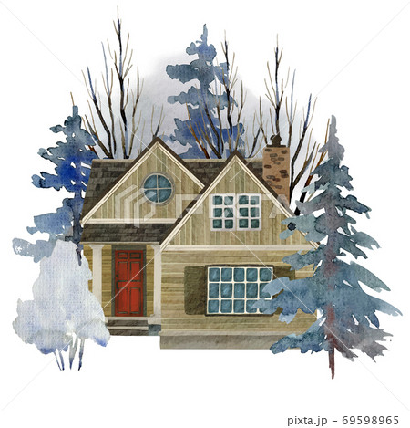 Watercolor portrait of house in the winter trees 69598965