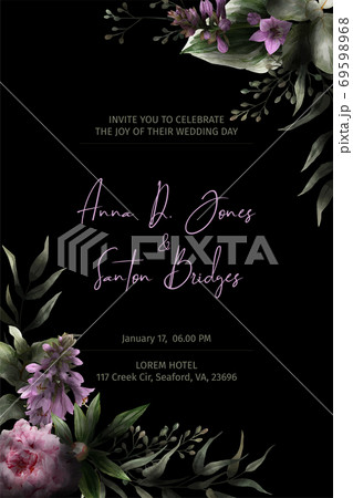 Black invitation template, peony flowers and leaves drawn in low key 69598968