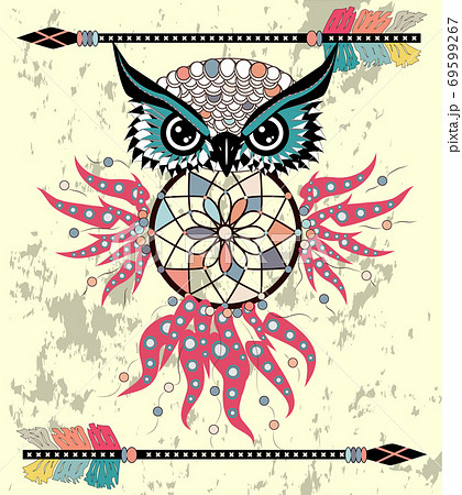 Patterned owl on the grunge background. African indian totem tattoo design. 69599267