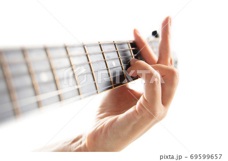 Close up of guitarist hand playing guitar, copyspace, macro shot 69599657