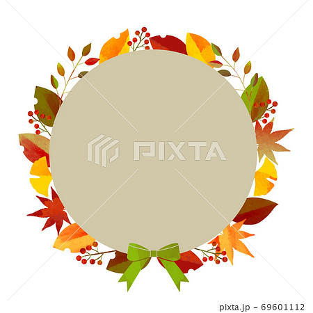 秋 バイカラーの紅葉した葉っぱと木の実の水彩 切り絵風イラスト リース フレームのイラスト素材