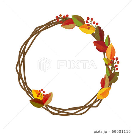 秋 バイカラーの紅葉した葉っぱと木の実の水彩 切り絵風イラスト リース フレームのイラスト素材