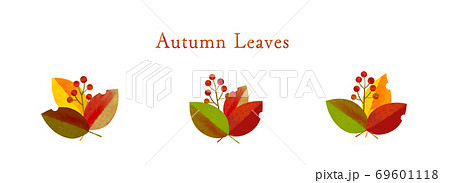 秋 バイカラーの紅葉した葉っぱと木の実の水彩 切り絵風イラストのイラスト素材