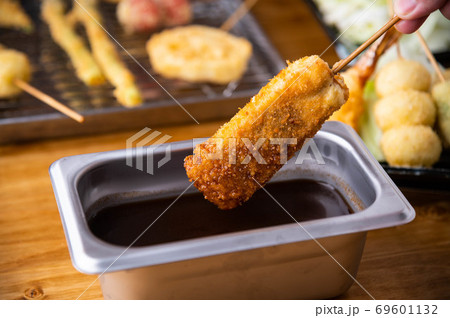 Kushikatsu or Kushiage, japanese Osaka style deep fried skewers 69601132