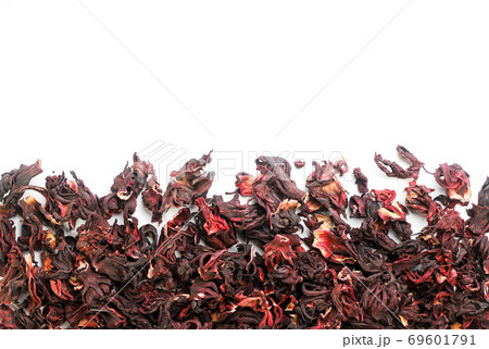 Hibiscus petals on white, hibiscus background top view. Copy space 69601791